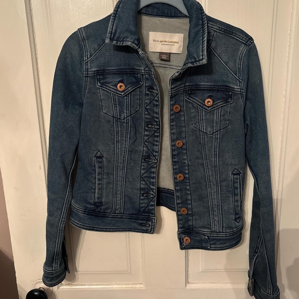 Anthropologie Blue Jean Jacket with Brown Button Details